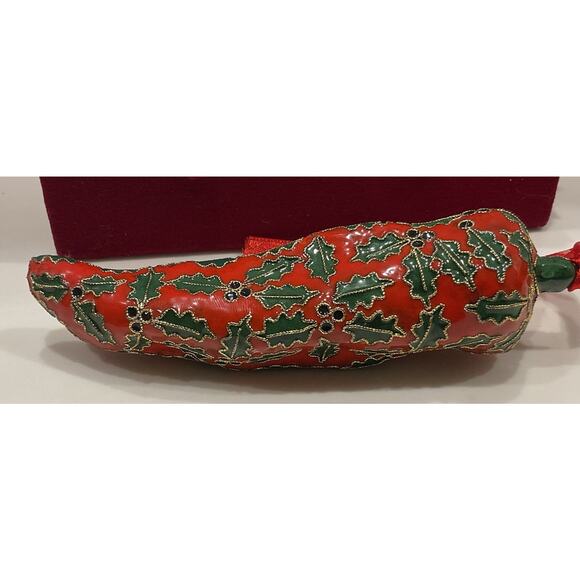 Rare Cloisonné Red Hot Chili Pepper Holly Berry Christmas Ornament With Box 5.5" - Picture 5 of 8